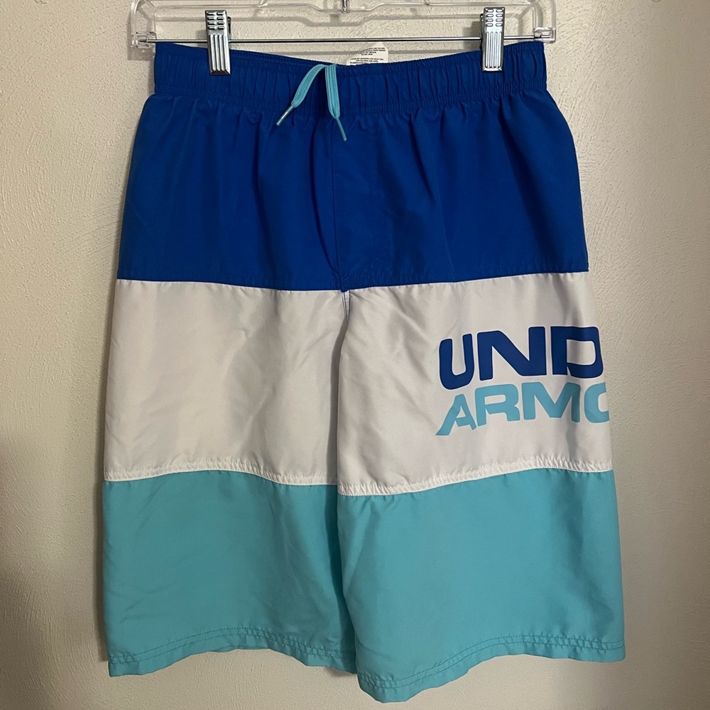 UNDER ARMOUR Classic Colorblock Drawstring‎ Swim Trunks Blue White Teal Boys XL